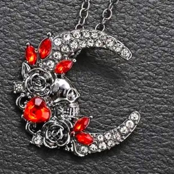 Necklace Moon Skull Rhinestones Gems Red Emo Goth Black Scene Heart Trendy Style - Picture 2 of 3